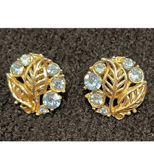 Vintage Gold Tone Circular Screw On Earrings Blue Rhinestones and Gold Leaves
